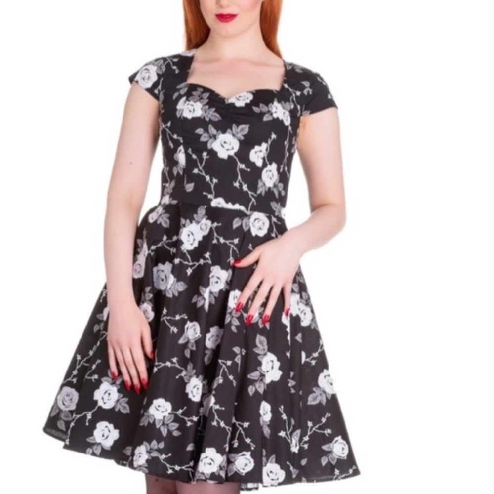 Hell Bunny Vixen Natalia Black Floral Goth Retro Pinup Dress